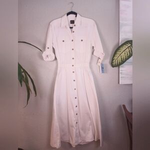 Vintage Liz Claiborne Sport Preppy Cotton Boho Button Up Long Sleeve Shirt Dress